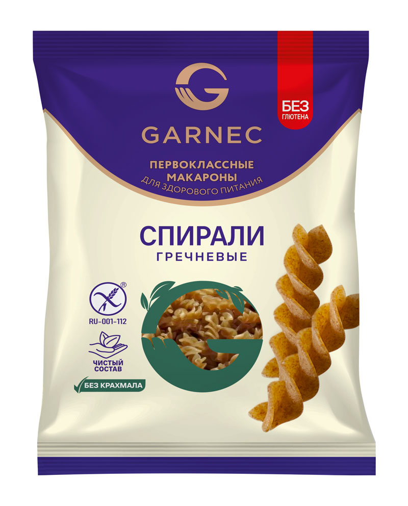 Гарнец Макаронные изделия без глютена: спирали зеленая гречка