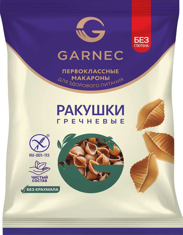 Гарнец Макаронные изделия без глютена: ракушки зеленая гречка