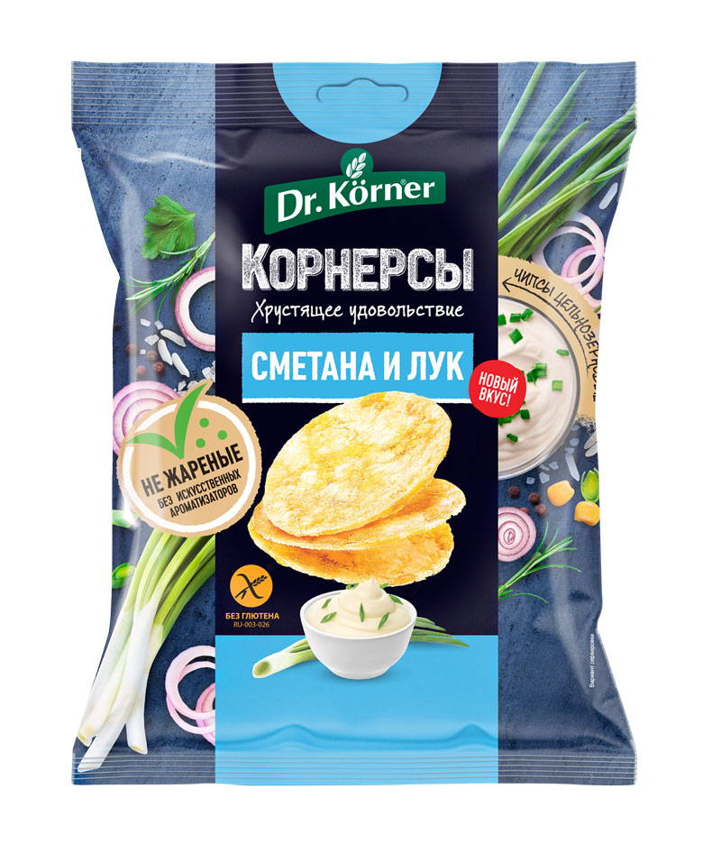 Dr. Körner Чипсы цельнозерновые кукурузно-рисовые со сметаной и зеленым луком