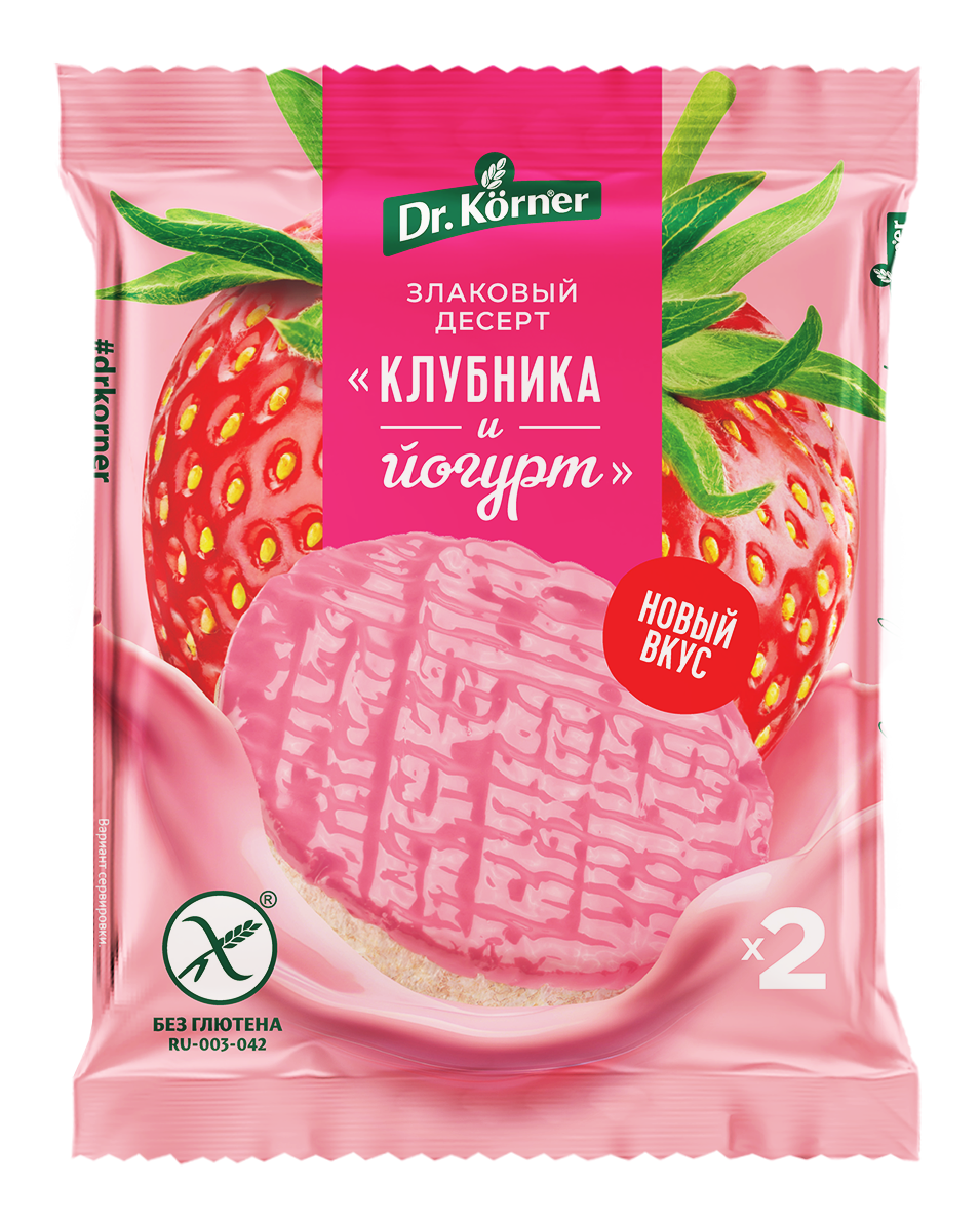 Dr. Körner Продукт хрустящий зерновой «Злаковый десерт рисовый клубничный с йогуртом» глазированный
