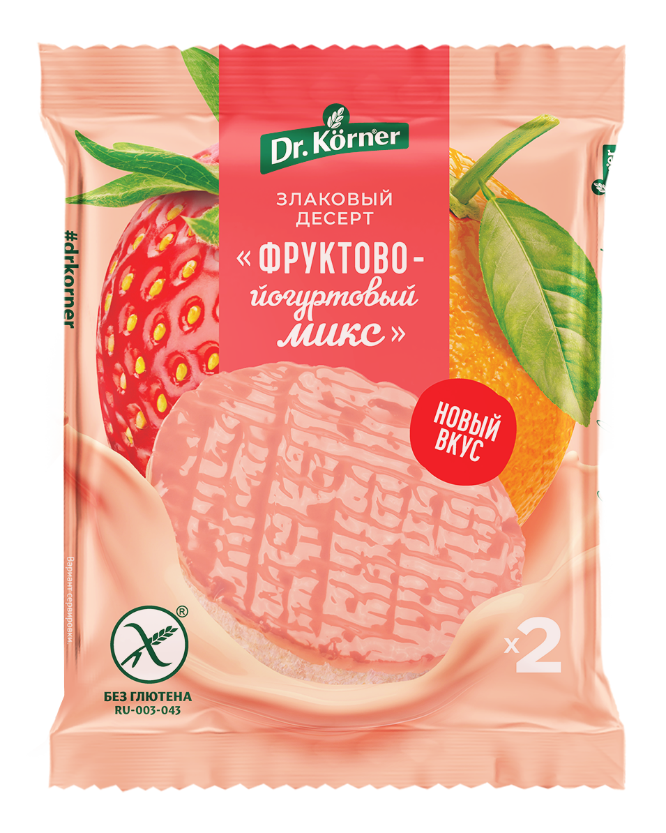 Dr. Körner Продукт хрустящий зерновой «Злаковый десерт рисовый фруктово-ягодный с йогуртом» глазированный