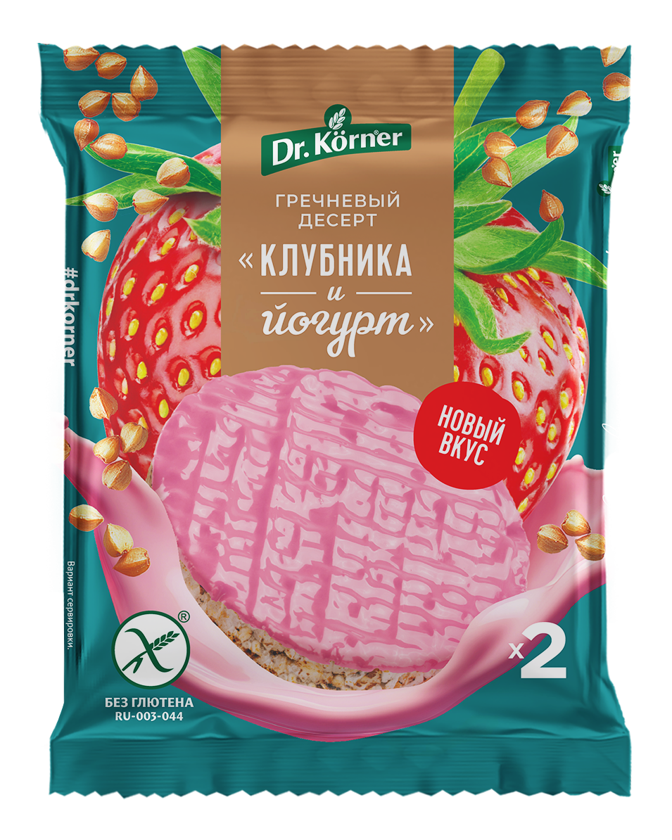 Dr. Körner Продукт хрустящий зерновой «Злаковый десерт гречневый клубничный с йогуртом» глазированный