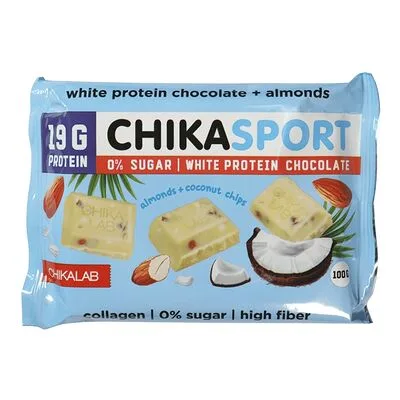 Chikalab Шоколад протеиновый Chikalab ChikaSport белый с миндалём и кокосовыми чипсами без сахара 100 г